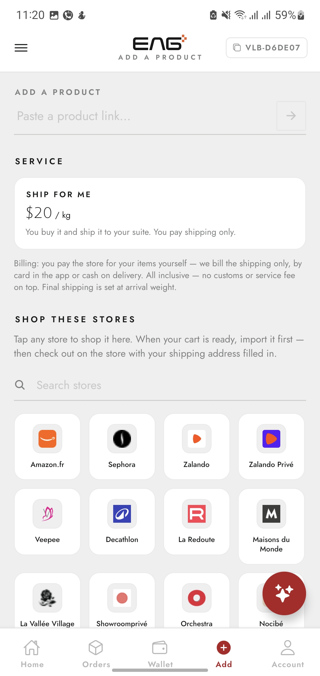 Add a product screen with the Ship For Me service and store directory