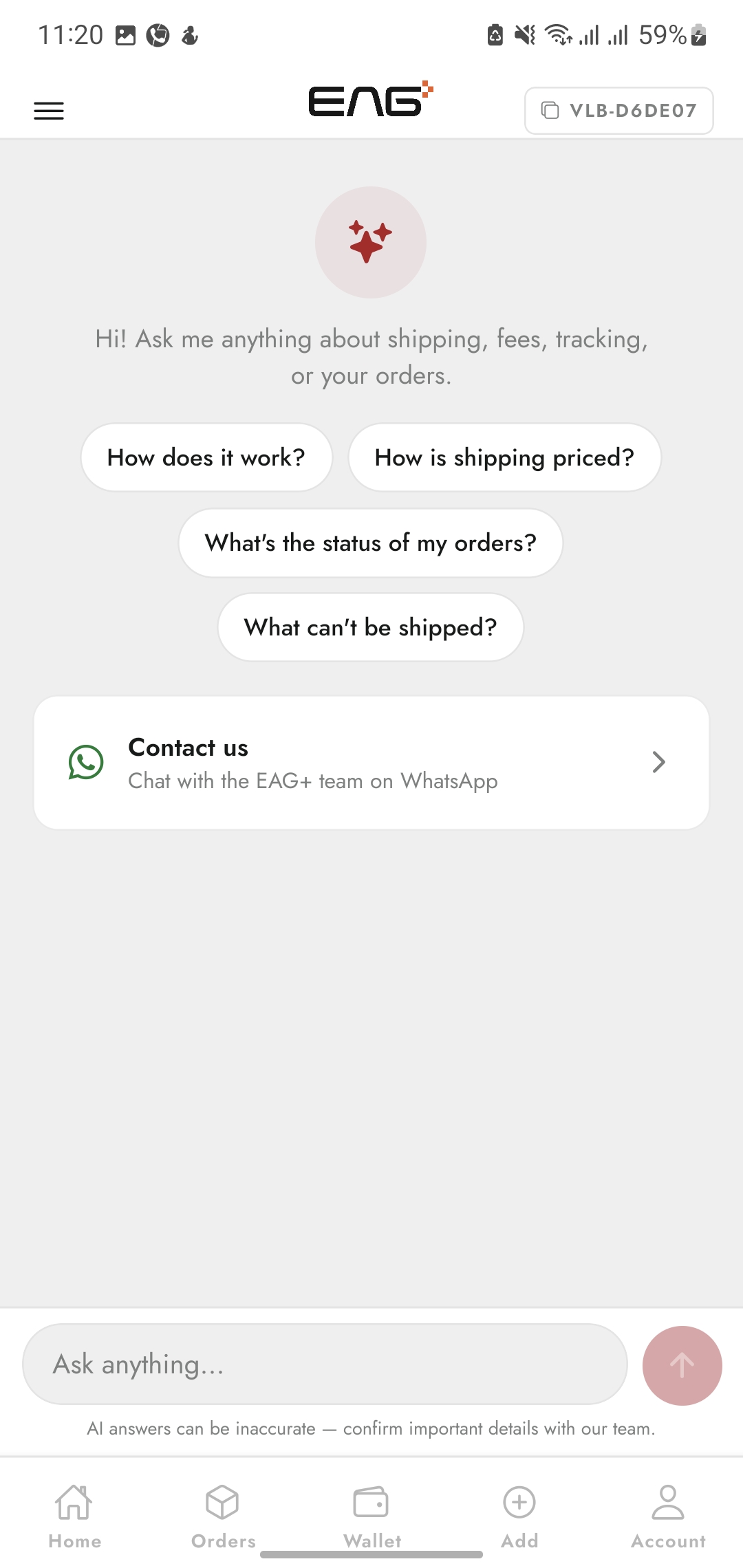 AI assistant chat screen with quick questions