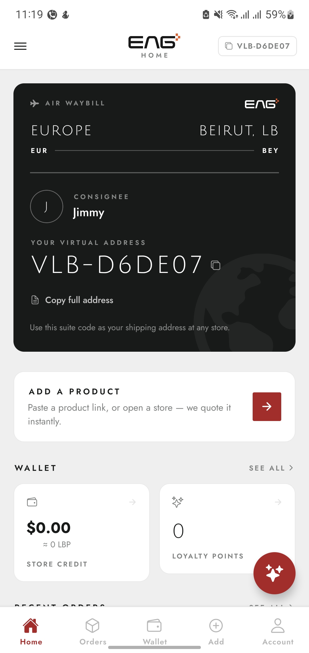 Home screen with the air waybill card and virtual address