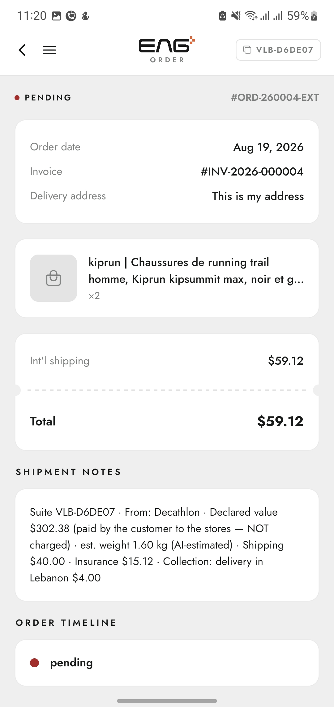 Order detail with invoice, shipment notes and timeline
