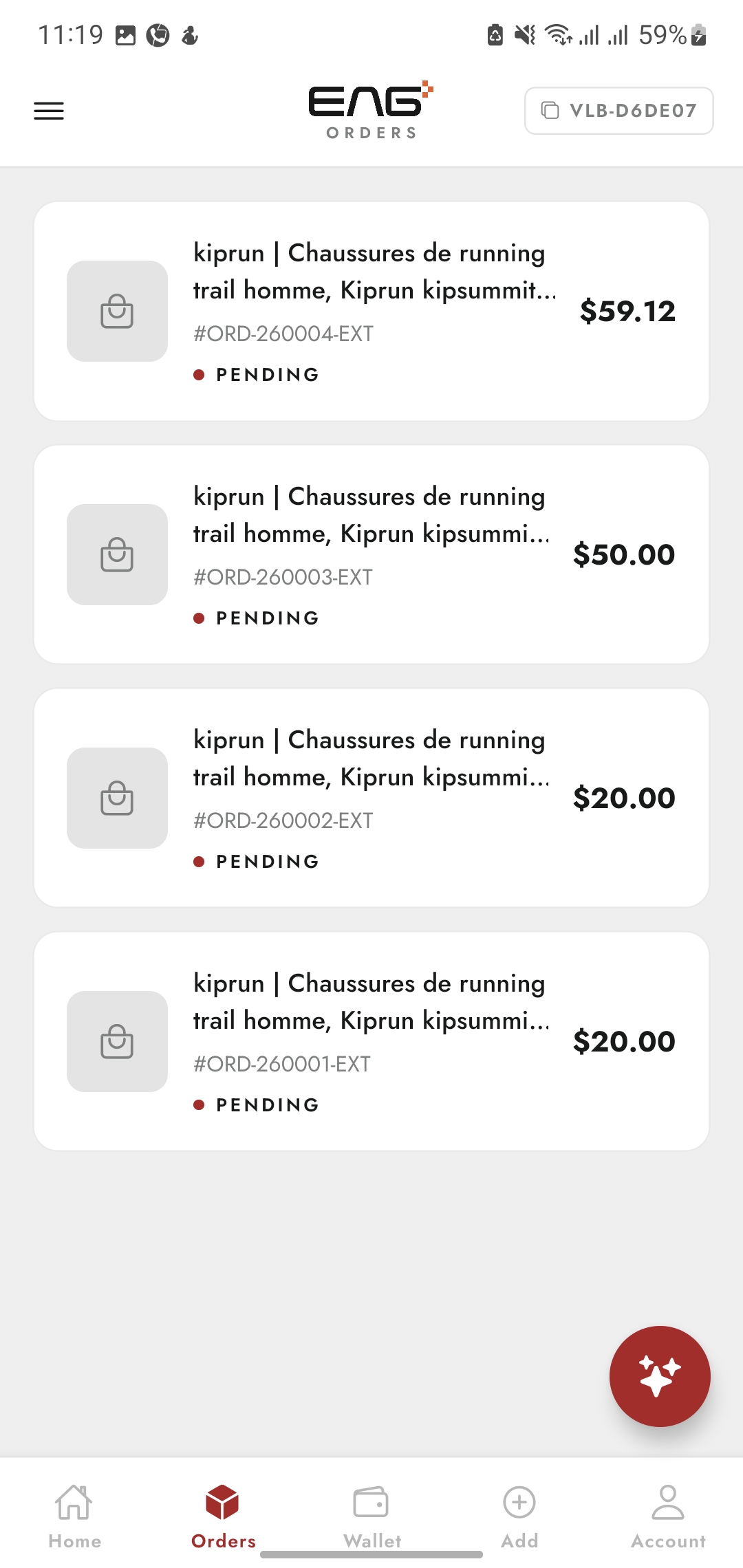 Orders list showing pending orders with prices