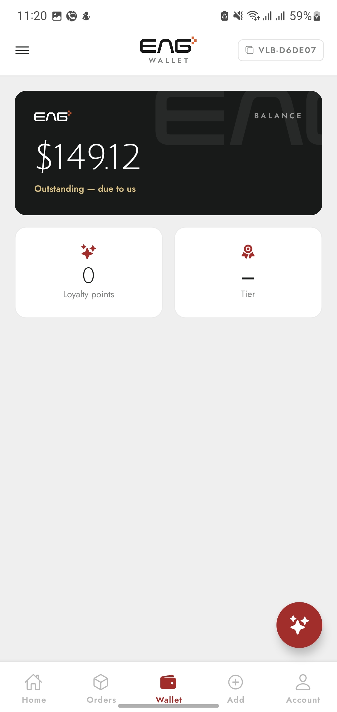 Wallet screen with balance, loyalty points and tier